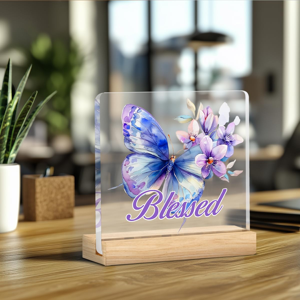 Opomzk Acrylic Desk Sign - Christian Gifts for Women, Purple Butterfly, Inspirational Bible Verses, Model LY17-18-Blessed, Multicolor R