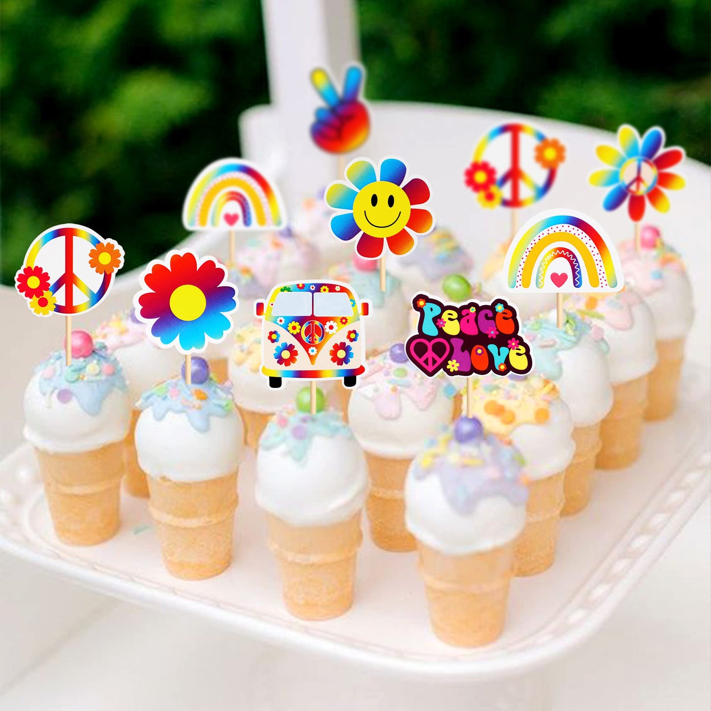 Keaziu 32 Pack Hippie Theme Cupcake Toppers Peace Sign Hand Cupcake Picks 60S Theme Flower Boho Rainbow Birthday Party Supplies