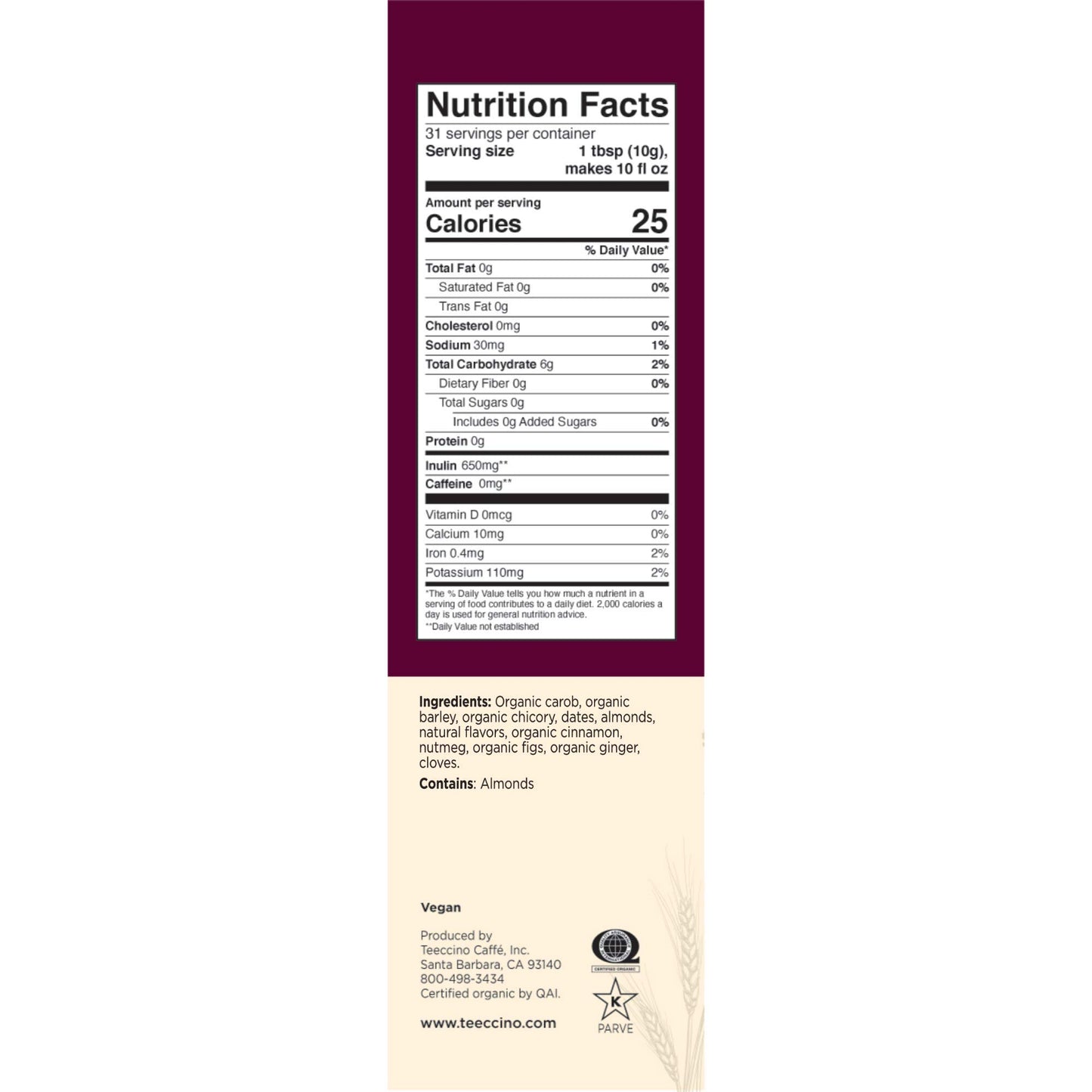 Teeccino Pumpkin Spice Chicory Coffee Alternative, Medium Roast, 11 Ounce
