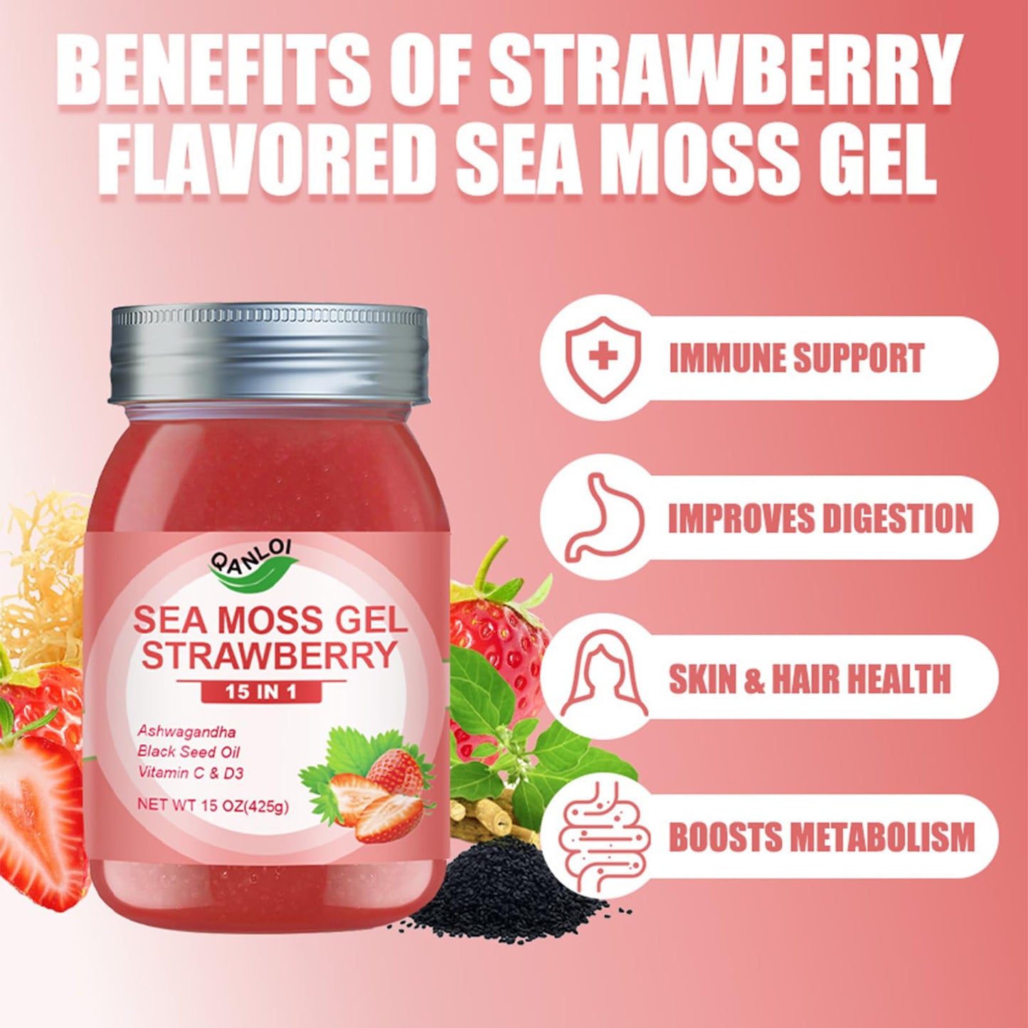QANLOI 15OZ Strawberry Flavored Sea Moss Gel  15-in-1 Ingredient  Rich in Ashwagandha  Vitamins and Minerals  Promotes Metabolism & Improves Digestion
