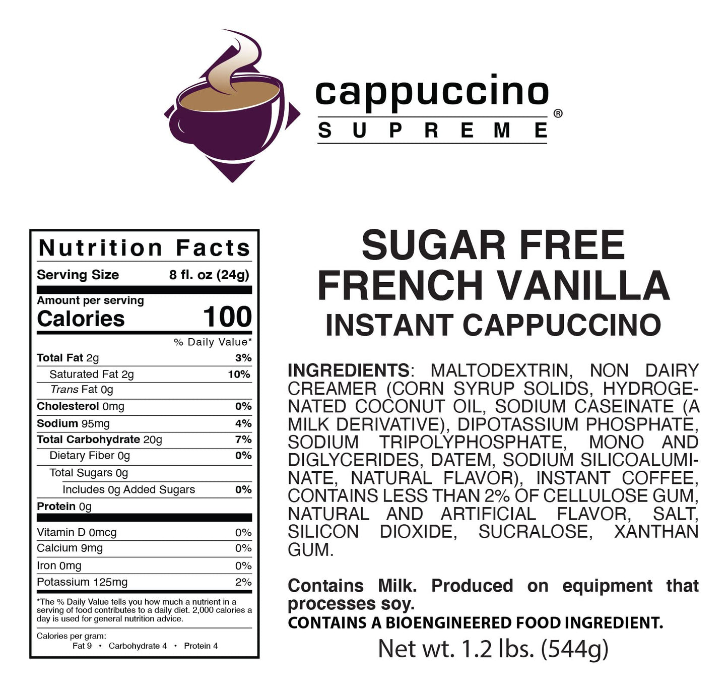 Cappuccino Supreme 1.2 Lb Bag Sugar Free French Vanilla Instant Cappuccino Mix