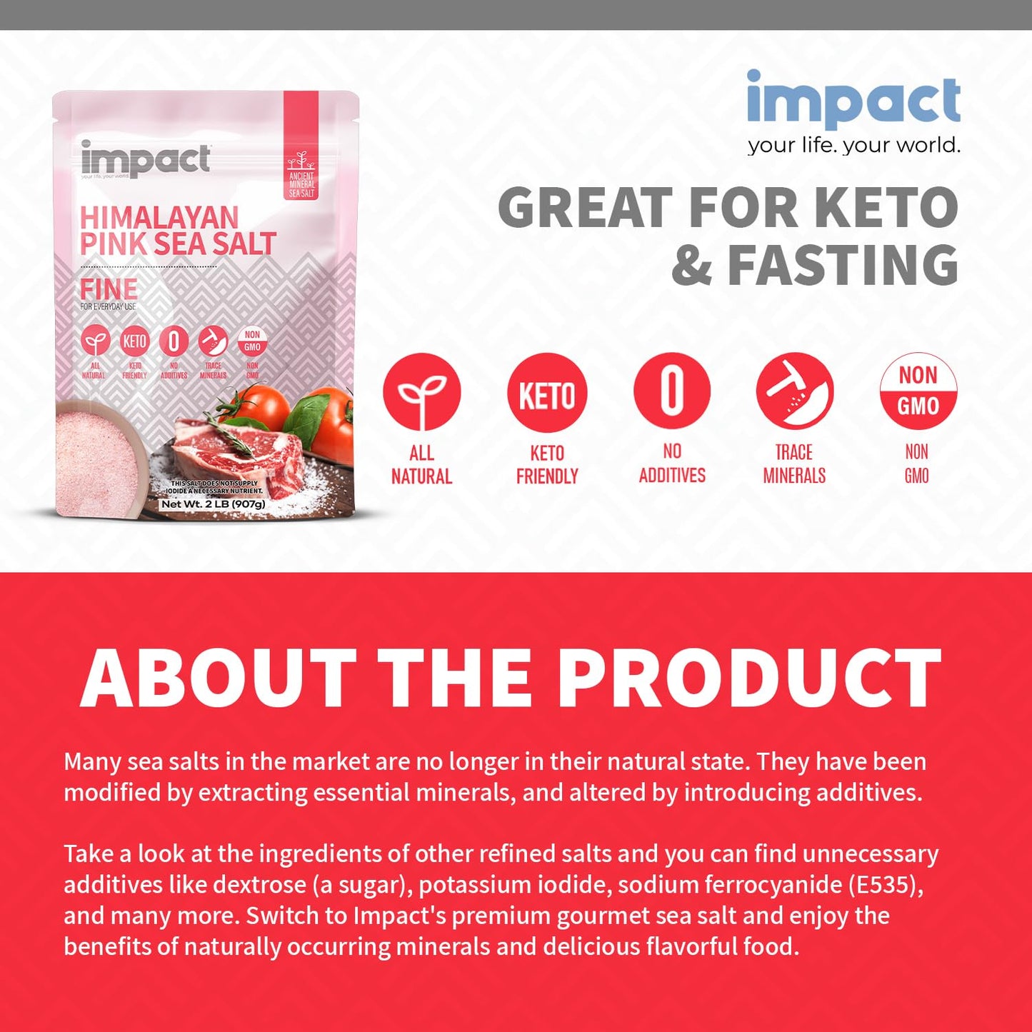 Impact Himalayan Pink Sea Salt Fine 2Lb Pouch - No Additives, Rich In Trace Minerals, Non-Gmo, Gluten-Free. Ideal For Keto, Fast