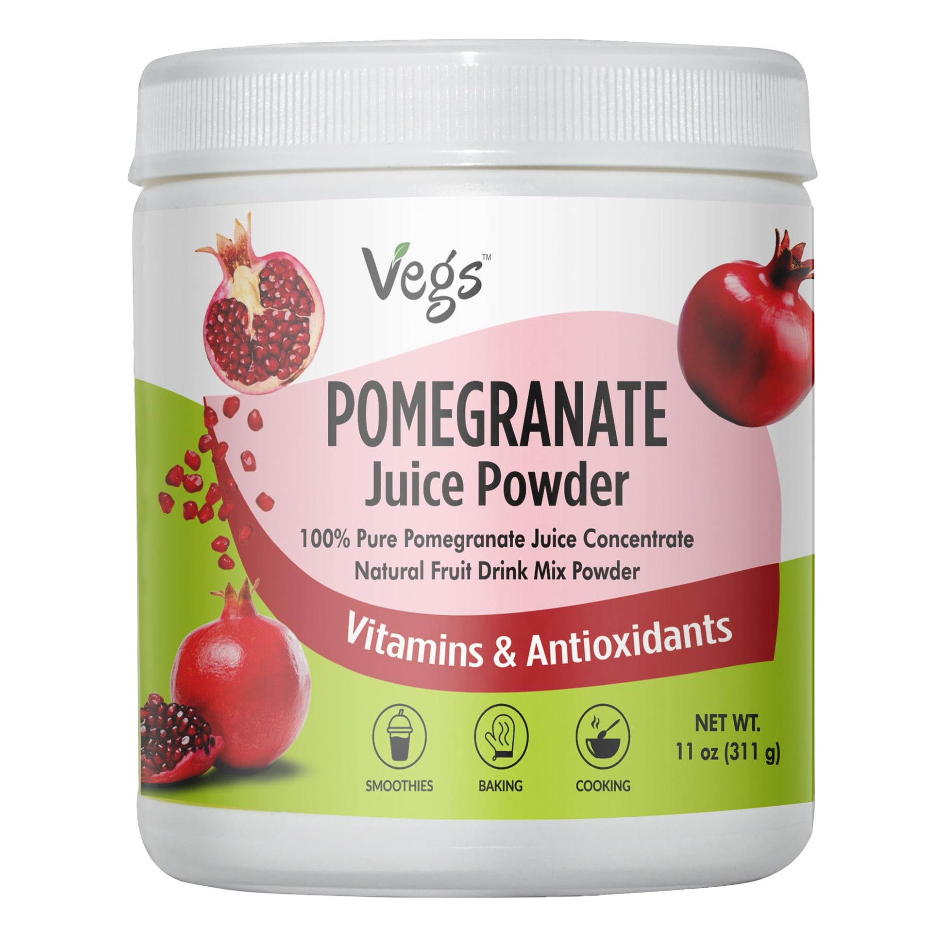 Vegs Pomegranate Juice Powder - Freeze Dried Organic Pomegranate Fruit Juice Concentrated Antioxidants & Electrolytes - Instant Drink Mix Powder For Hydration  Baking  Flavoring  Sugar Free - 11 Oz