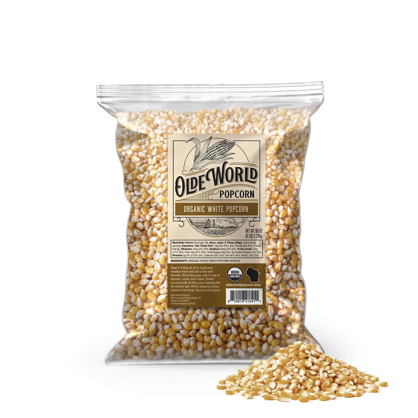 Olde World Popcorn Organic White Popcorn Kernels, Non-GMO, Gluten Free, 6 lb Bag