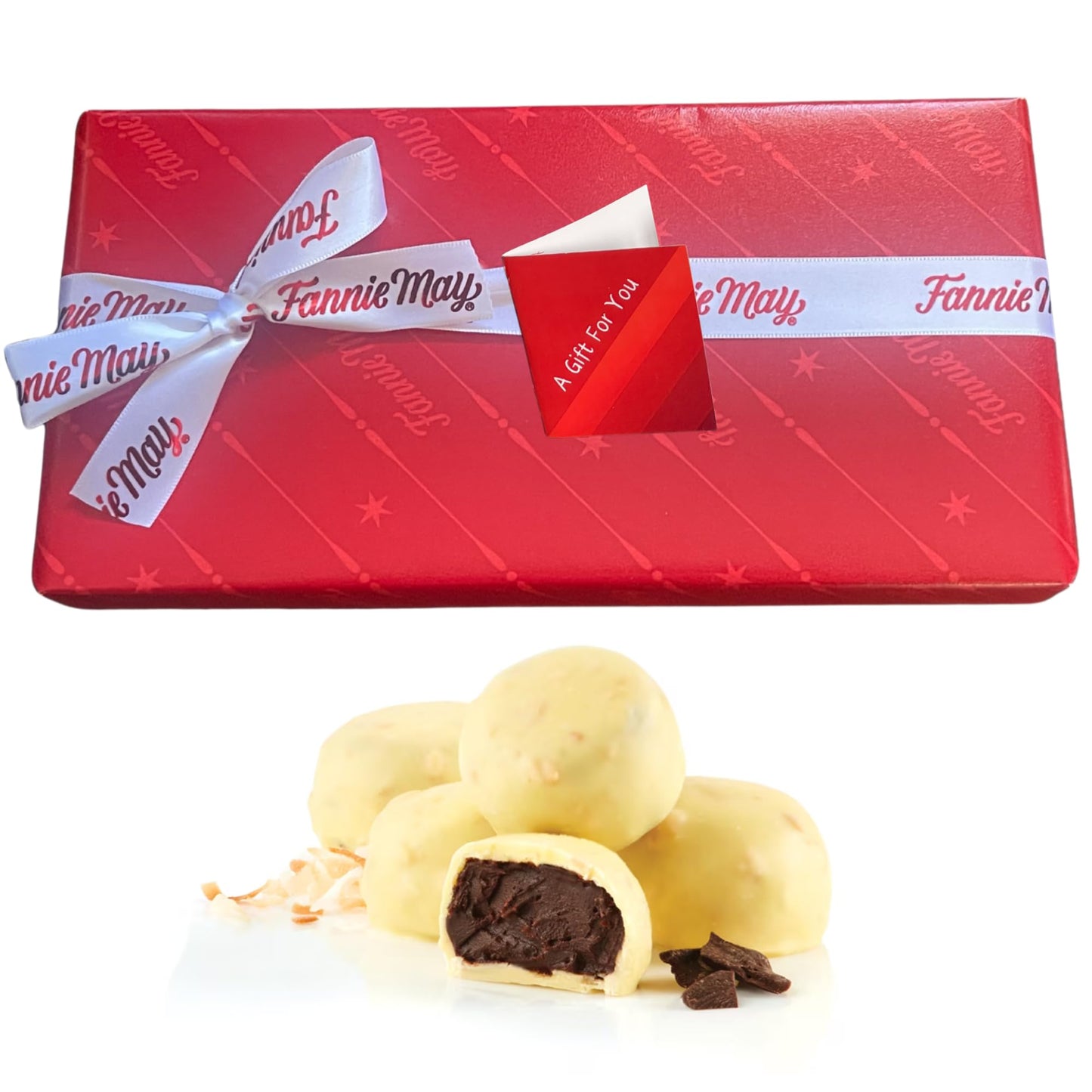 Fannie May Trinidads (Toasted Coconut - Chocolate Truffle) Signature Wrapt 1 Lb. Box - Gift Basket With Gift Tag & Insulated Shipper