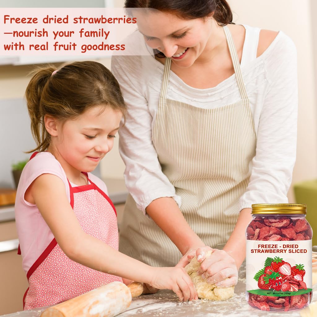 SEAYOFA Freeze Dried Strawberries Sliced - Vegan, Preservative Free Snack - 5.47oz Resealable Jar for Baking &