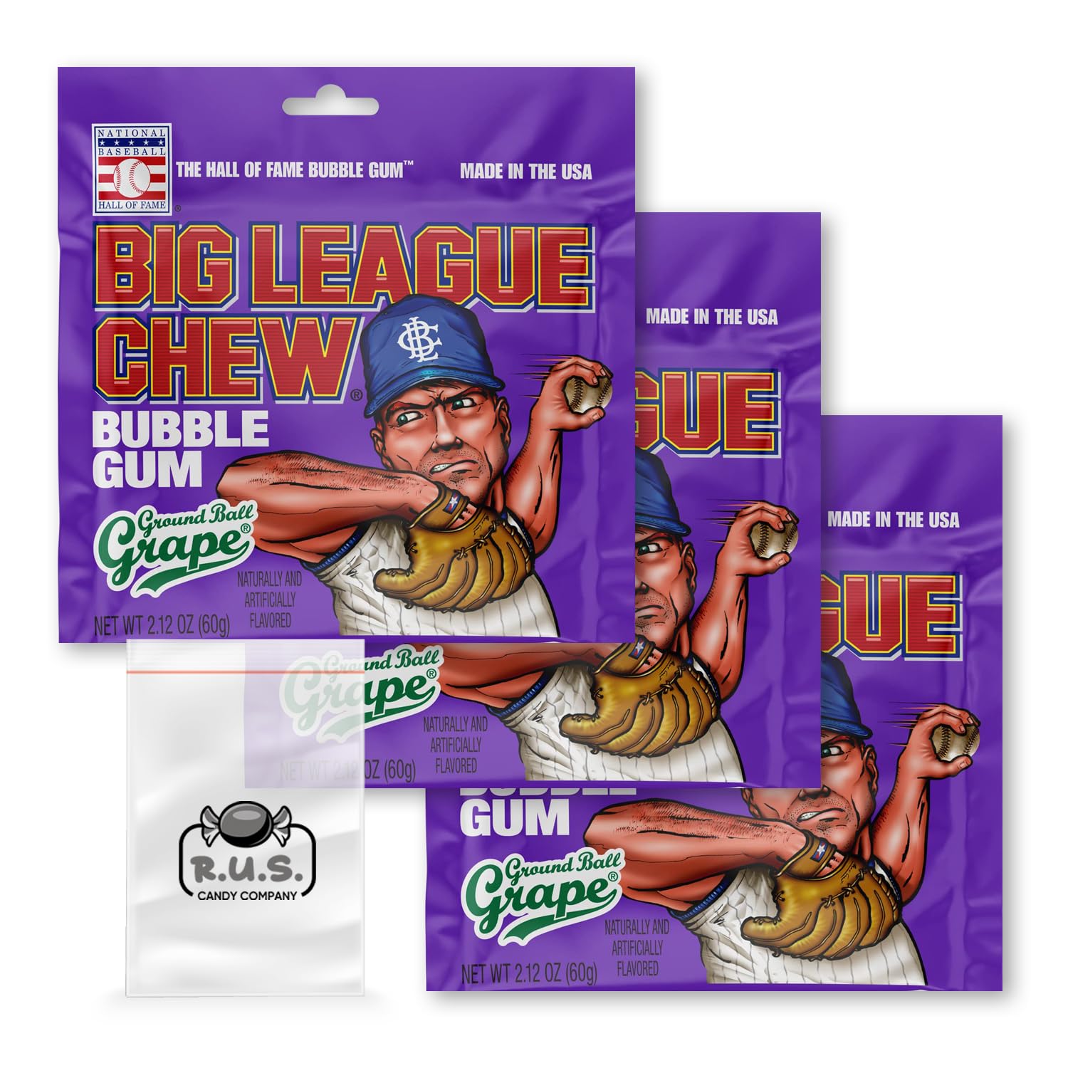 Big League Chew- Ground Ball Grape Flavored Shredded Bubble Gum- 3 Pack- 2.12Oz Each Plus Rus Candy Company Pocket Bag Bundle (G