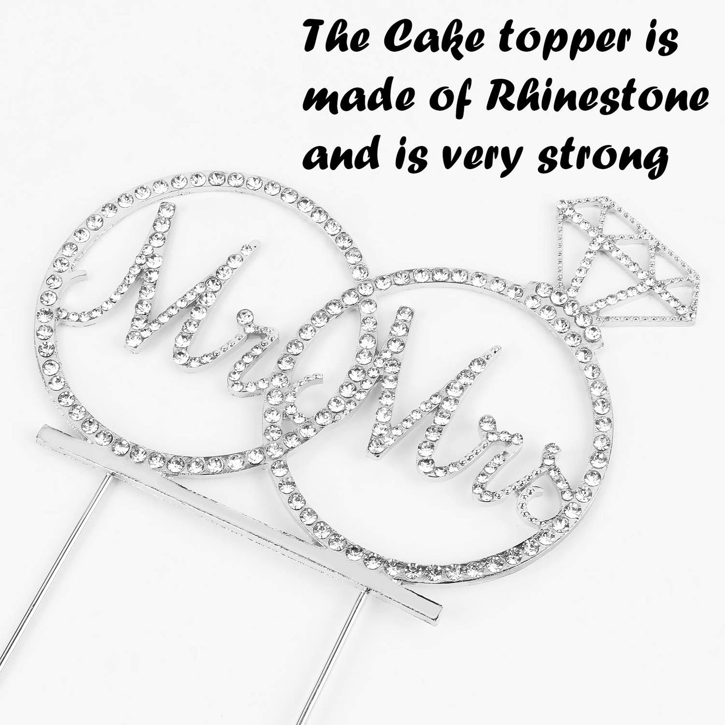 Mr & Mrs Cake Topper For Wedding Anniversary Rings Crystal Rhinestone Party Decoration (Silver)