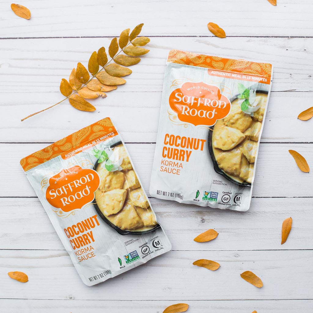 Saffron Road Coconut Curry Simmer Sauce – Indian Curry Sauce, Stir Fry & Marinade, No Artificial Flavors, Colors, Or Preservatives, Non-Gmo, Gluten-Free, Halal, Kosher, Vegetarian (7 Oz, Pack Of 4)