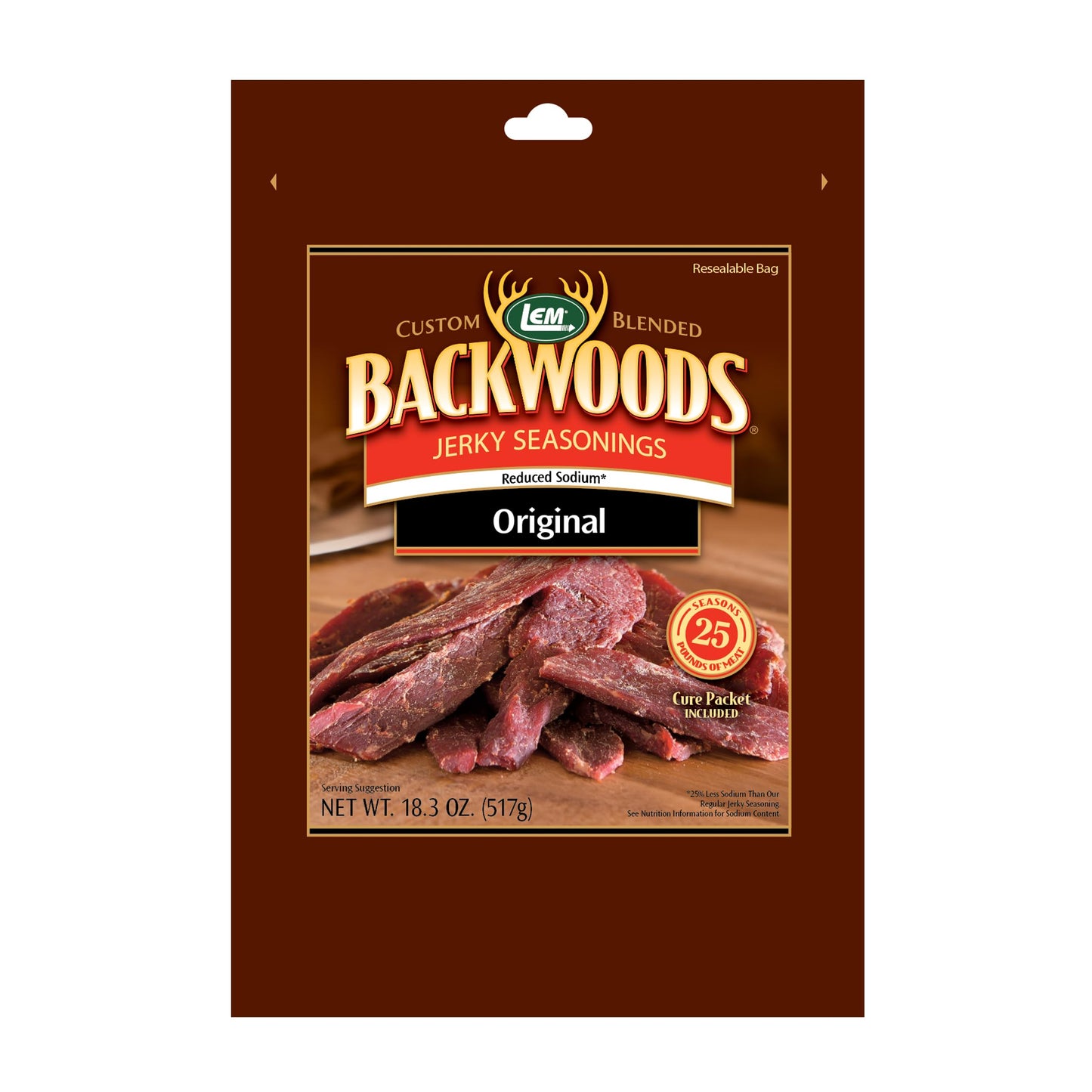 LEM Backwoods Reduced Sodium Jerky Seasoning, Ideal for Wild Game, 18.3 Ounce Packet, Seasons Up to 25 Pounds of Meat