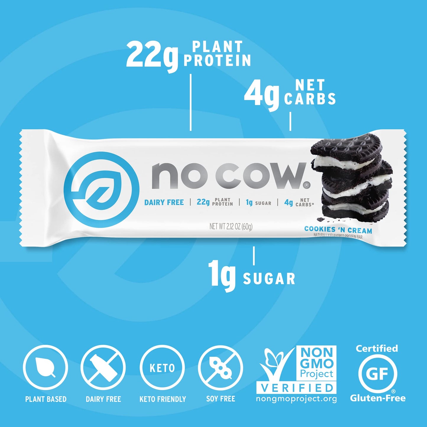 No Cow High Protein Bars, Cookies N Cream - Healthy Snacks, 20g Vegan Protein, High Fiber, Low Sugar, Keto Friendly, Dairy & Gl