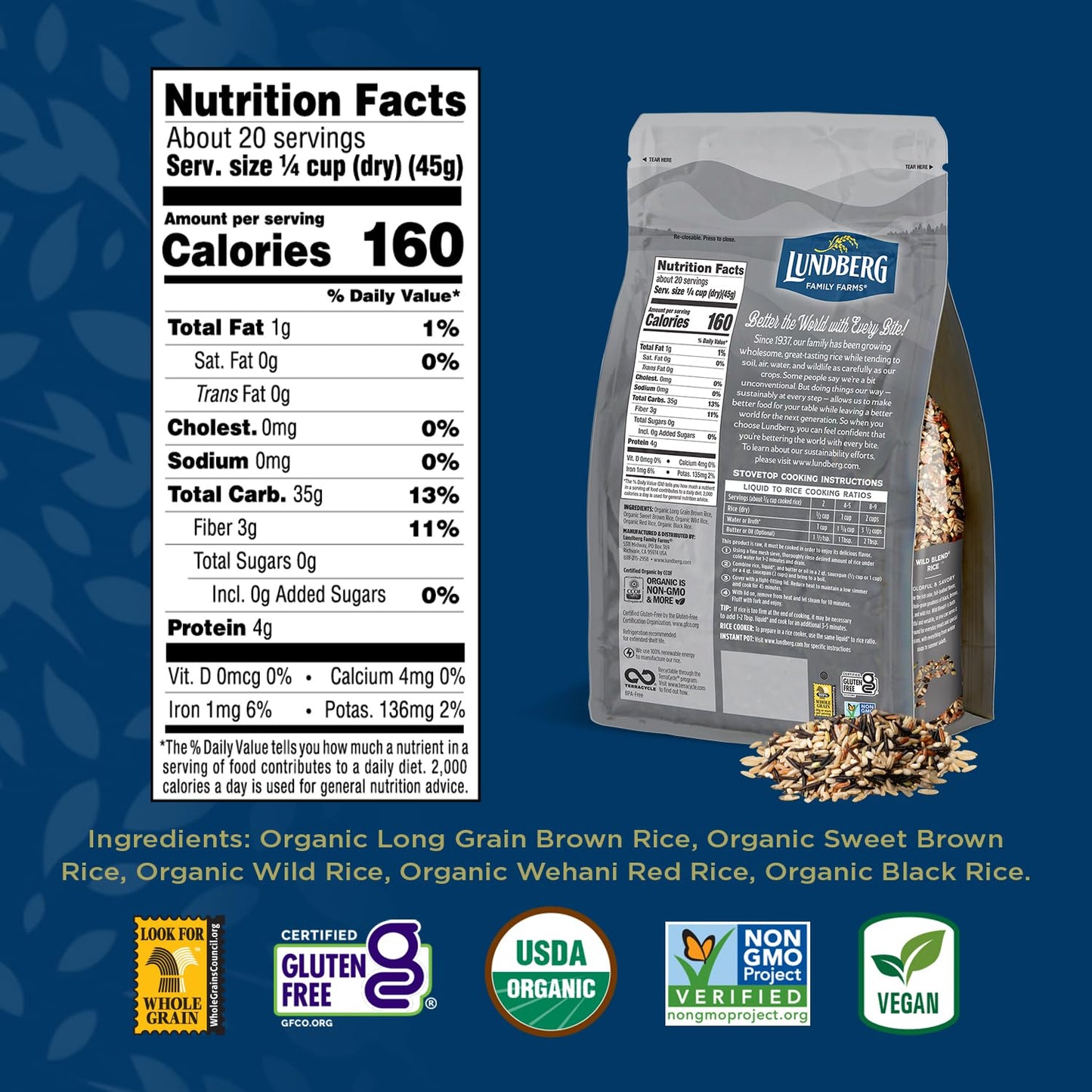 Lundberg Regenerative Organic Certified Wild Blend Rice – Brown, Red & Black Varieties, 32 Oz