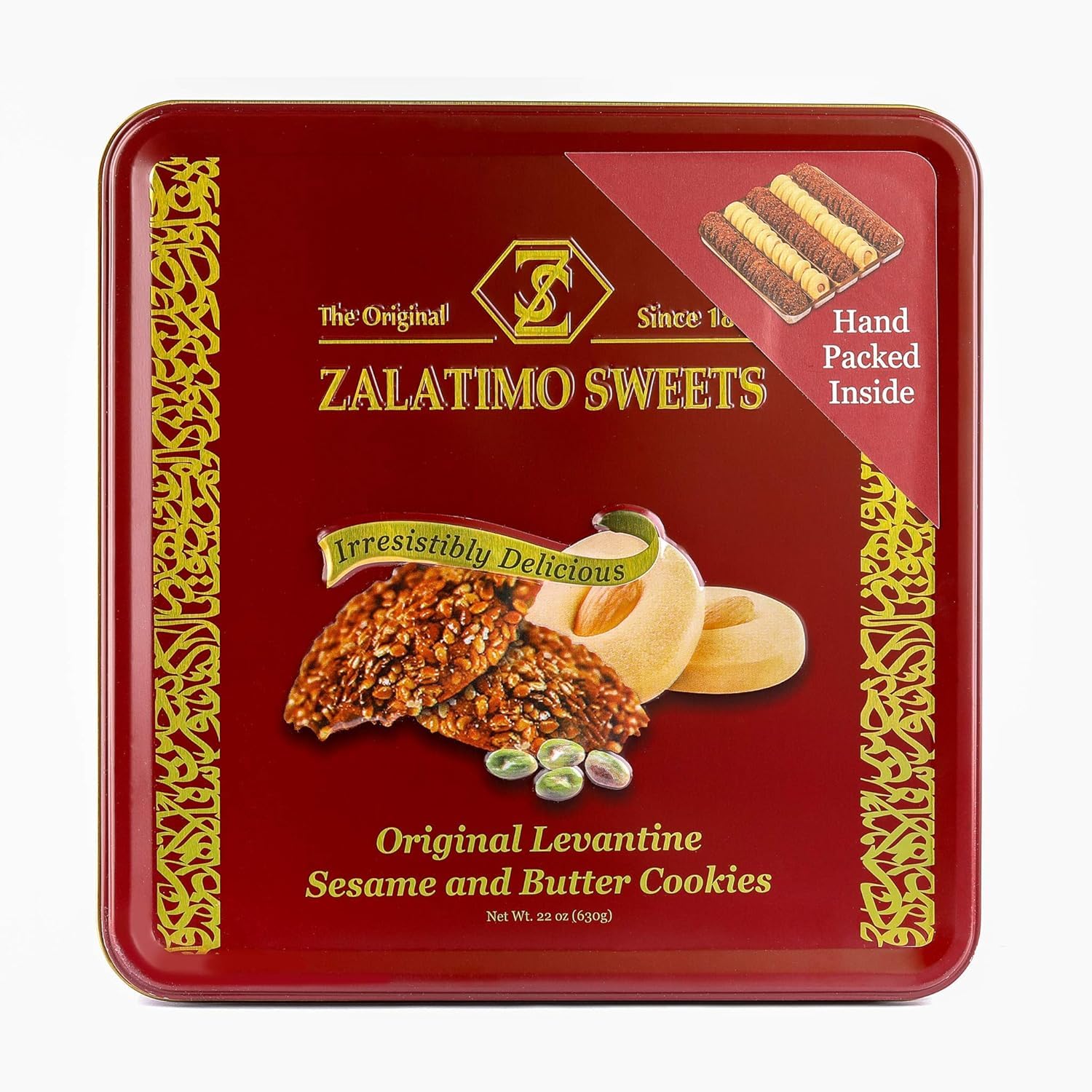 Zalatimo Sweets Since 1860, 100% All Natural Sesame & Butter Shortbread Cookies, Square Metal Gift Tin, Slightly Sweet Cookies With No Preservatives, No Additives, No Corn Starch, No Syrups! 1.4Lbs