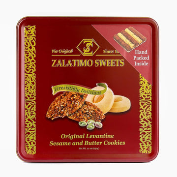 Zalatimo Sweets Since 1860, 100% All Natural Sesame & Butter Shortbread Cookies, Square Metal Gift Tin, Slightly Sweet Cookies With No Preservatives, No Additives, No Corn Starch, No Syrups! 1.4Lbs