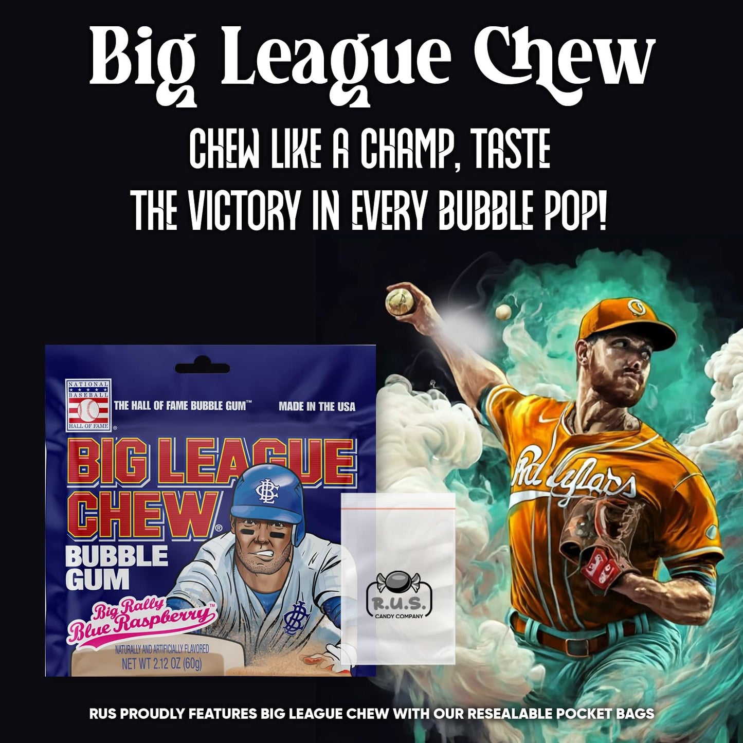 Big League Chew- Big Rally Blue Raspberry Flavored Shredded Bubble Gum- 3 Pack- 2.12Oz Each Plus Rus Candy Company Pocket Bag Bu