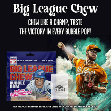 Big League Chew- Big Rally Blue Raspberry Flavored Shredded Bubble Gum- 3 Pack- 2.12Oz Each Plus Rus Candy Company Pocket Bag Bu