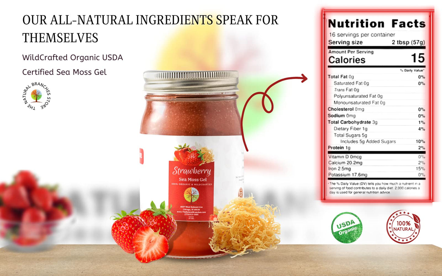 The Natural Branches Organic Strawberry Sea Moss Gel with Elderberry - 16 oz - USDA Organic - Wildcrafted from Saint Lucia
