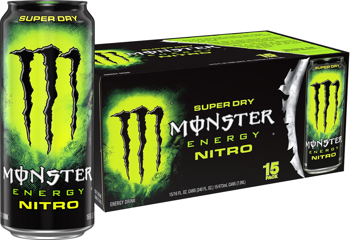 Monster Energy Nitro Super Dry Energy Drink, Maximum Strength, 16 Fl Oz, Pack of 15