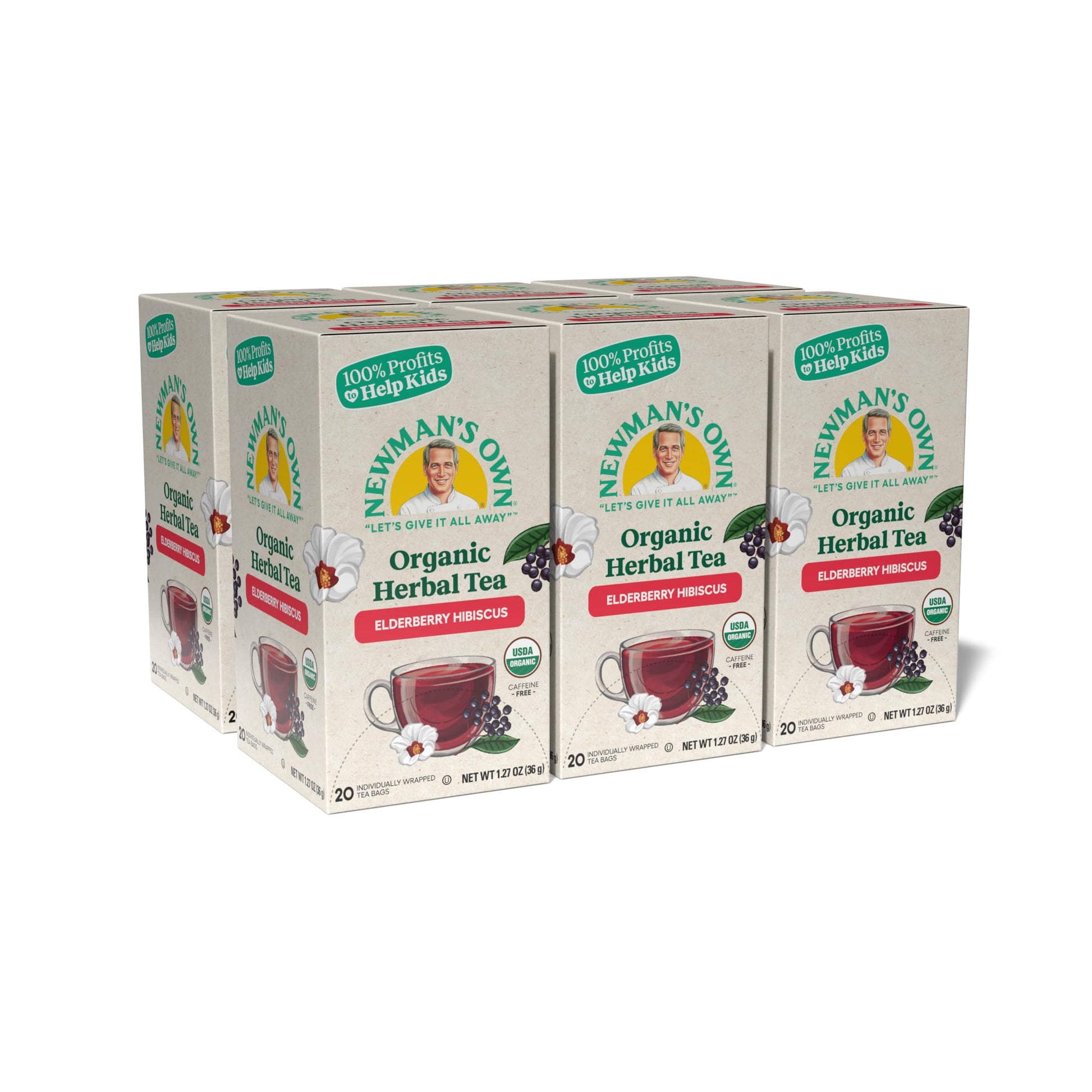 Newmans Own Organic Elderberry Hibiscus Tea, 20 Tea Bags, Pack of 6, USDA Certified, Caffeine Free, Hot/Cold Brew