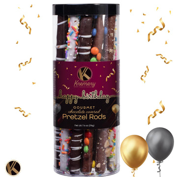 Kremery Creamy Chocolate Cravings - Birthday Treats, Chocolate Covered Pretzel Rods Gift Basket, In Clear Tube + Greeting Card (