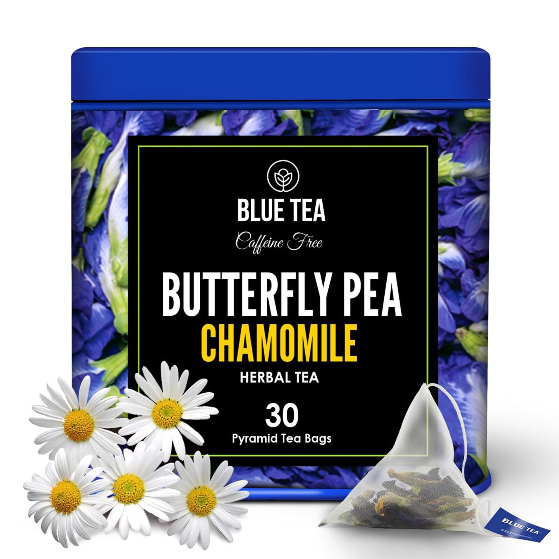 BLUE TEA Butterfly Pea Flower Tea - Chamomile - 30 Tea Bags - Caffeine Free - Vegan - Non-GMO - Tin Packaging