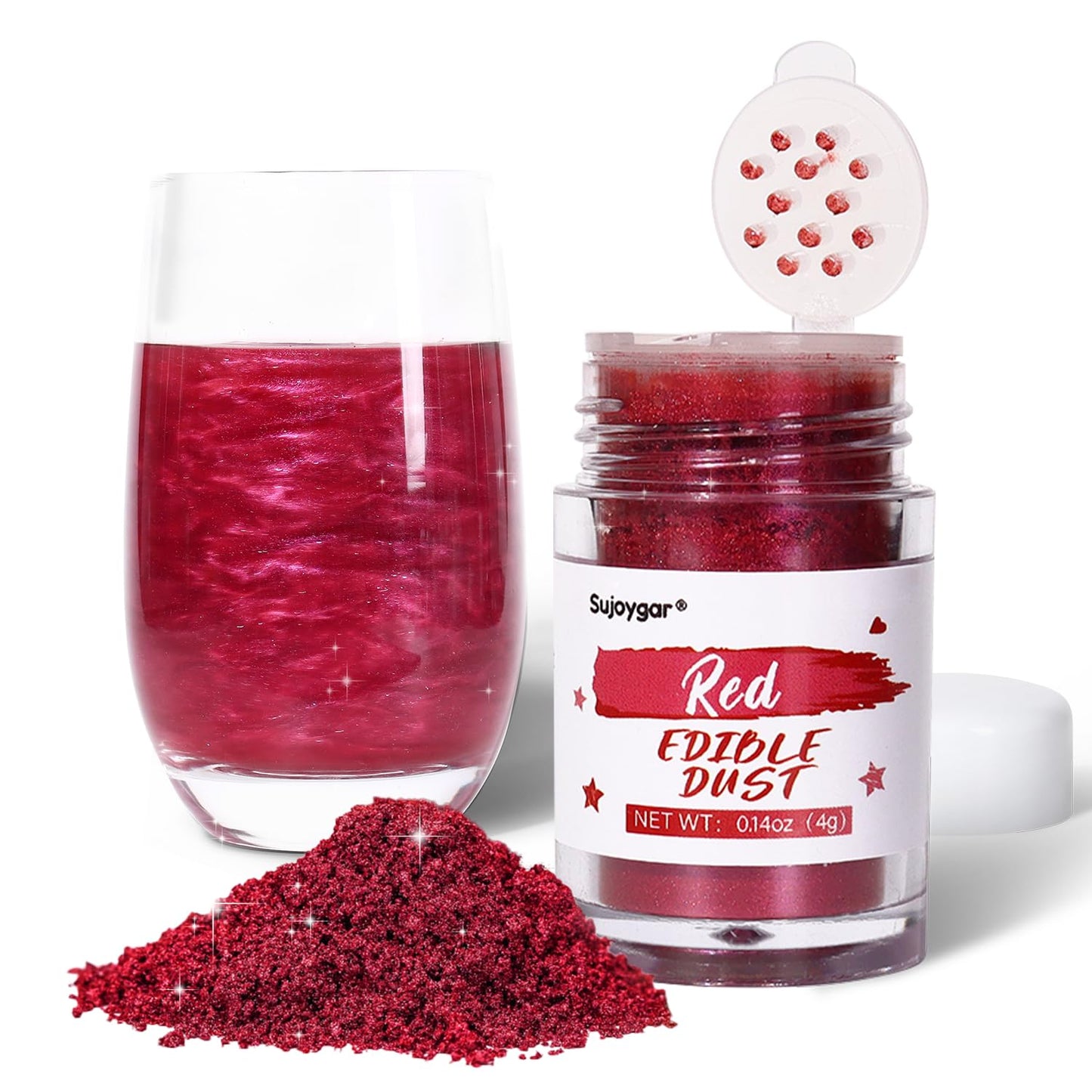 Ruby Red Edible Glitter For Drinks, 4G Food Grade Sujoygar, Shimmer Luster Dust For Cake Decorating, Baking, Strawberries, Cocktail, Chocolates, Cupcakes