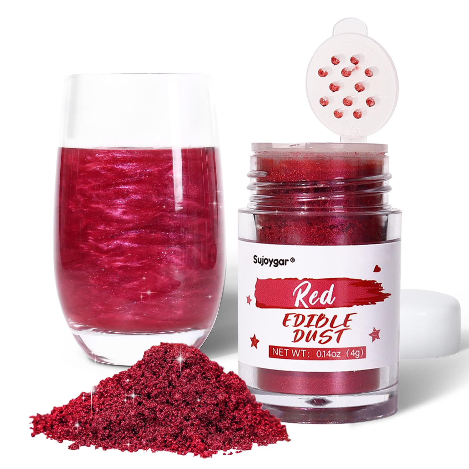 Ruby Red Edible Glitter For Drinks, 4G Food Grade Sujoygar, Shimmer Luster Dust For Cake Decorating, Baking, Strawberries, Cocktail, Chocolates, Cupcakes