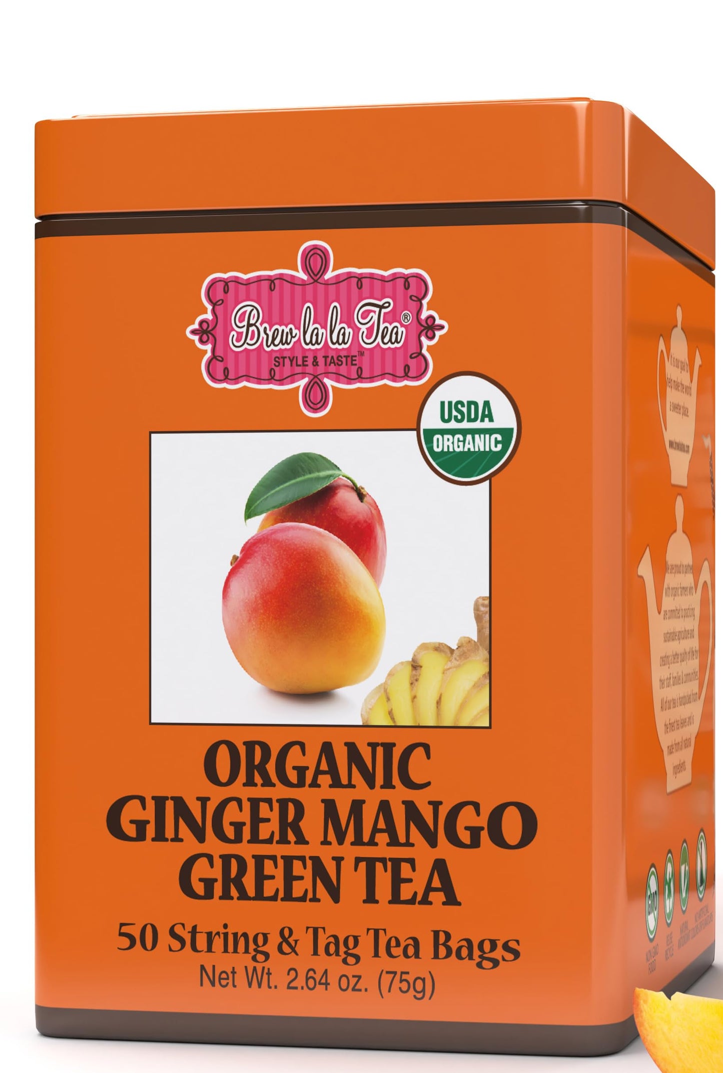 Brew La La Organic Green Tea - Ginger Mango Flavor - 50 Tea Bags - Low Caffeine - USDA Certified Organic
