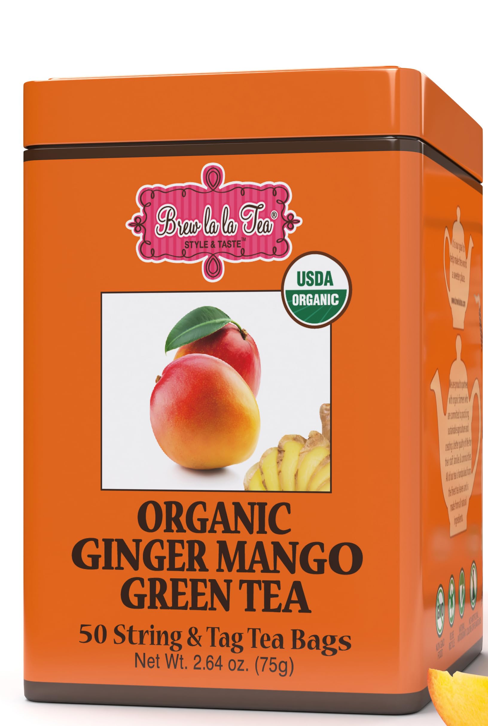 Brew La La Organic Green Tea - Ginger Mango Flavor - 50 Tea Bags - Low Caffeine - USDA Certified Organic