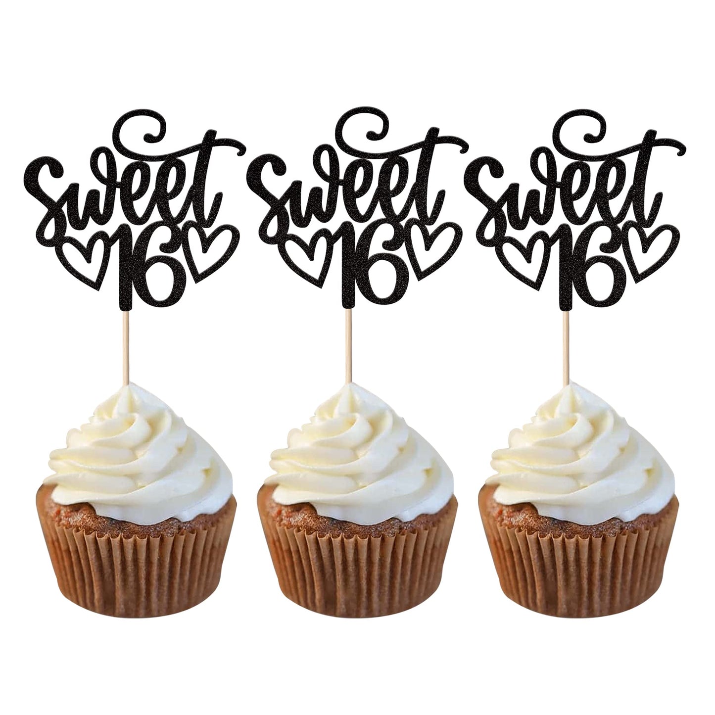 YCTHUNFISH 24 Pack Cupcake Toppers Glitter Sixteen for 16th Birthday Party Decorations Black Bamboo