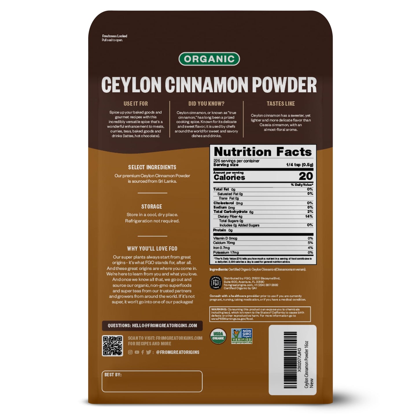 FGO Organic Ceylon Cinnamon Powder - 16oz Non-GMO Spice for Baking & Cooking, Additive Free