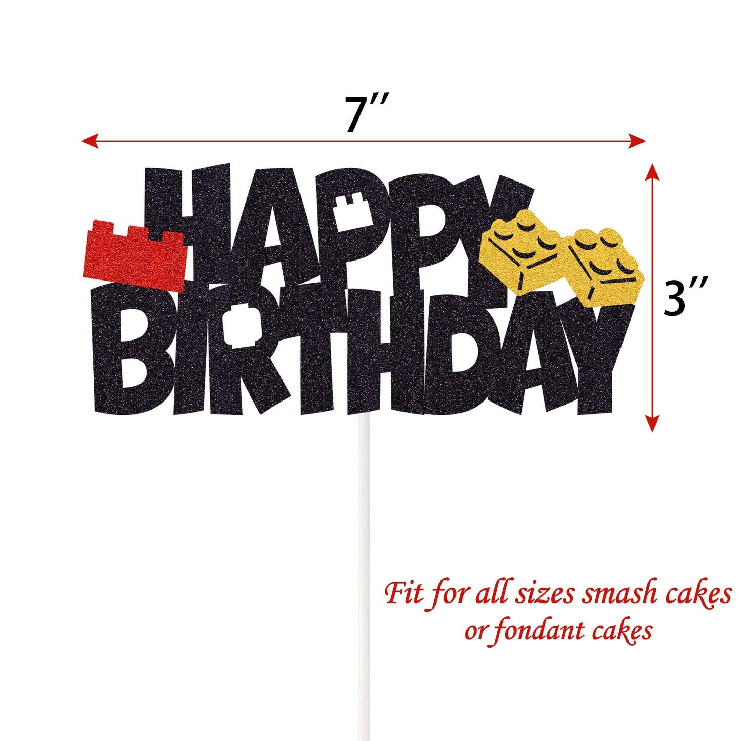 Building Blocks Cake Topper Glitter Happy Birthday Cake Decoration Color Building Brick Theme Birthday Baby Shower Party Supplie