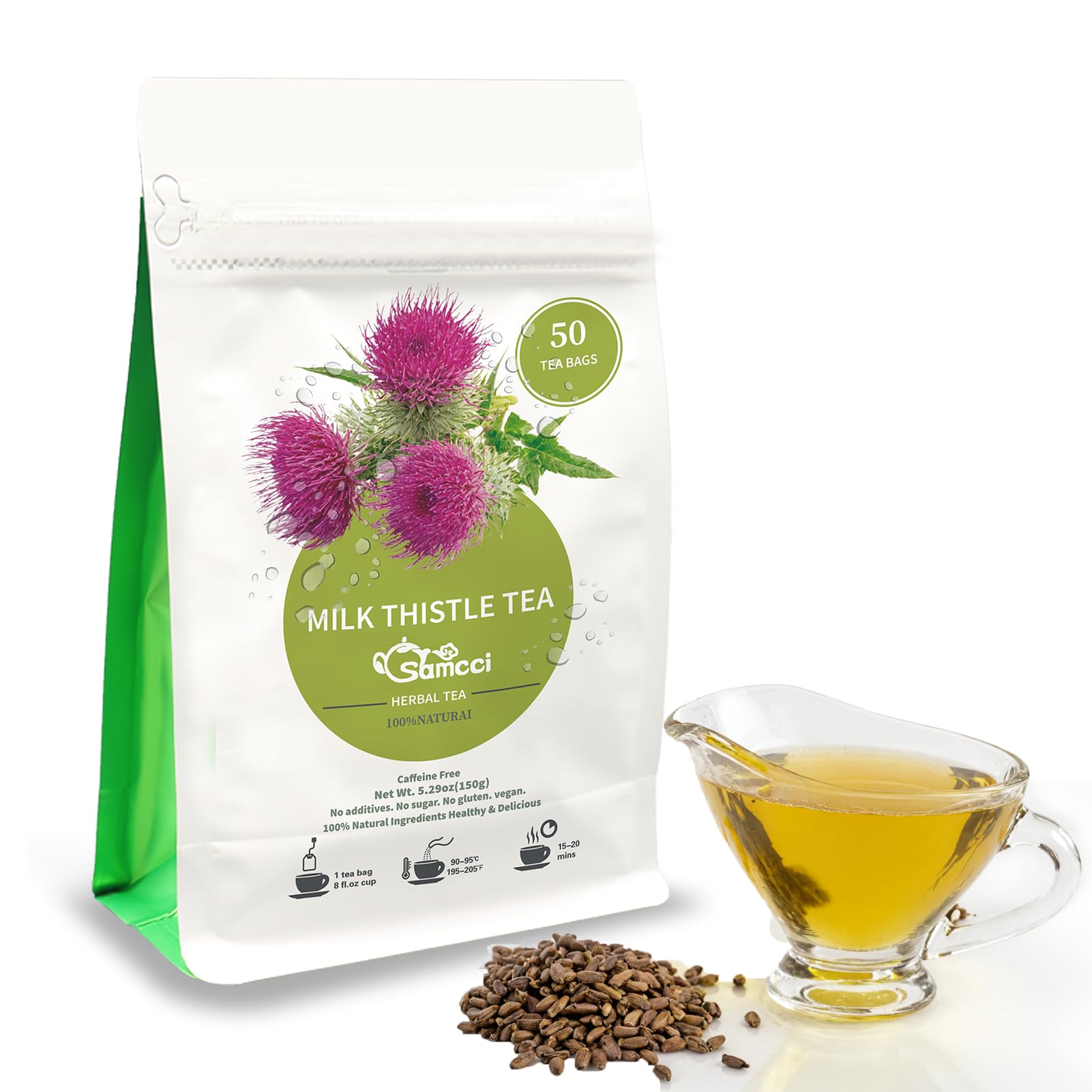 SAMCCI Milk Thistle Tea Bags - 50 Count, 100% Natural, Caffeine Free, Non-GMO, No Additives, No Sugar, Herbal Tea