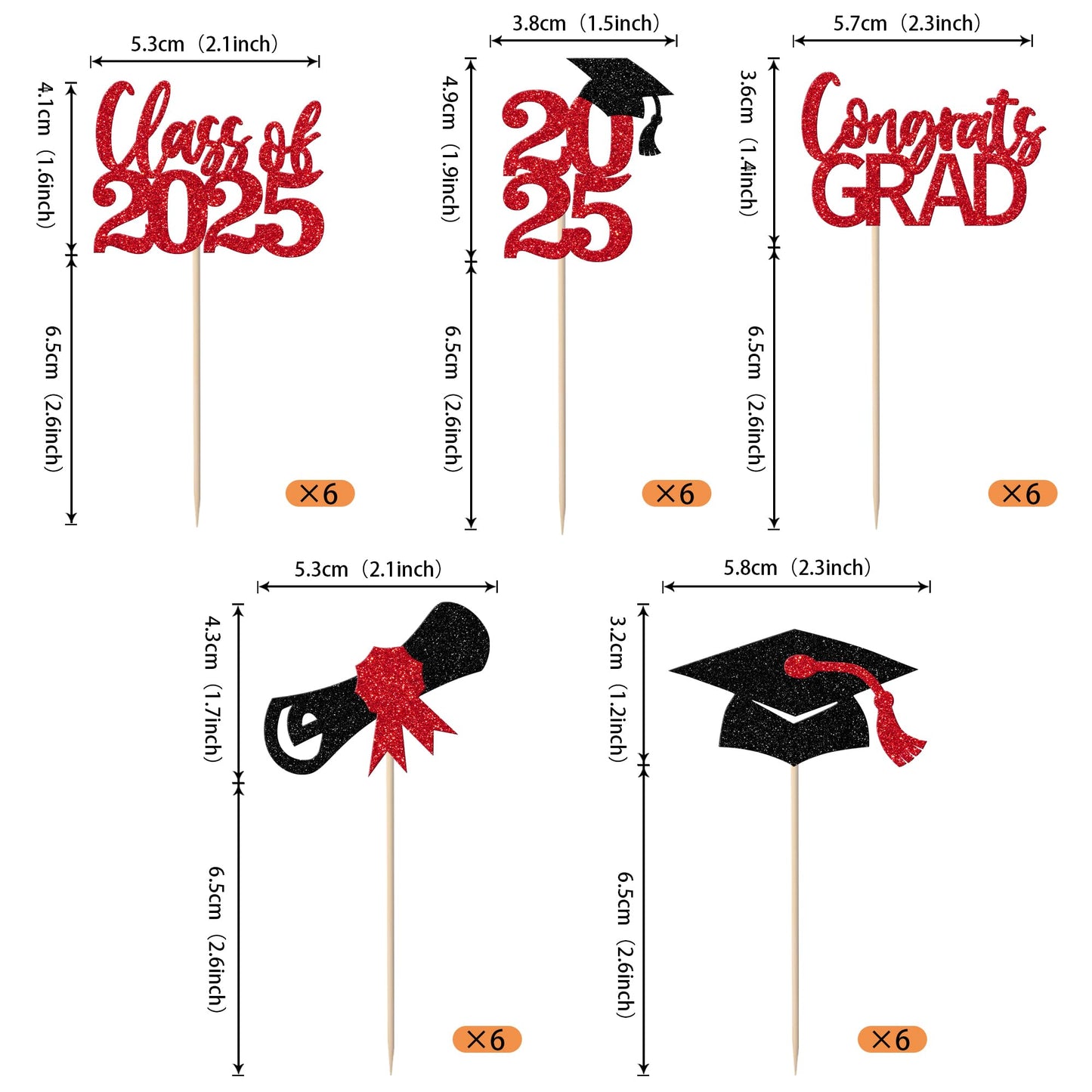 YCTHUNFISH 30 Pack Cupcake Toppers Glitter Class of 2025 Graduation Decorations Black Red Bamboo