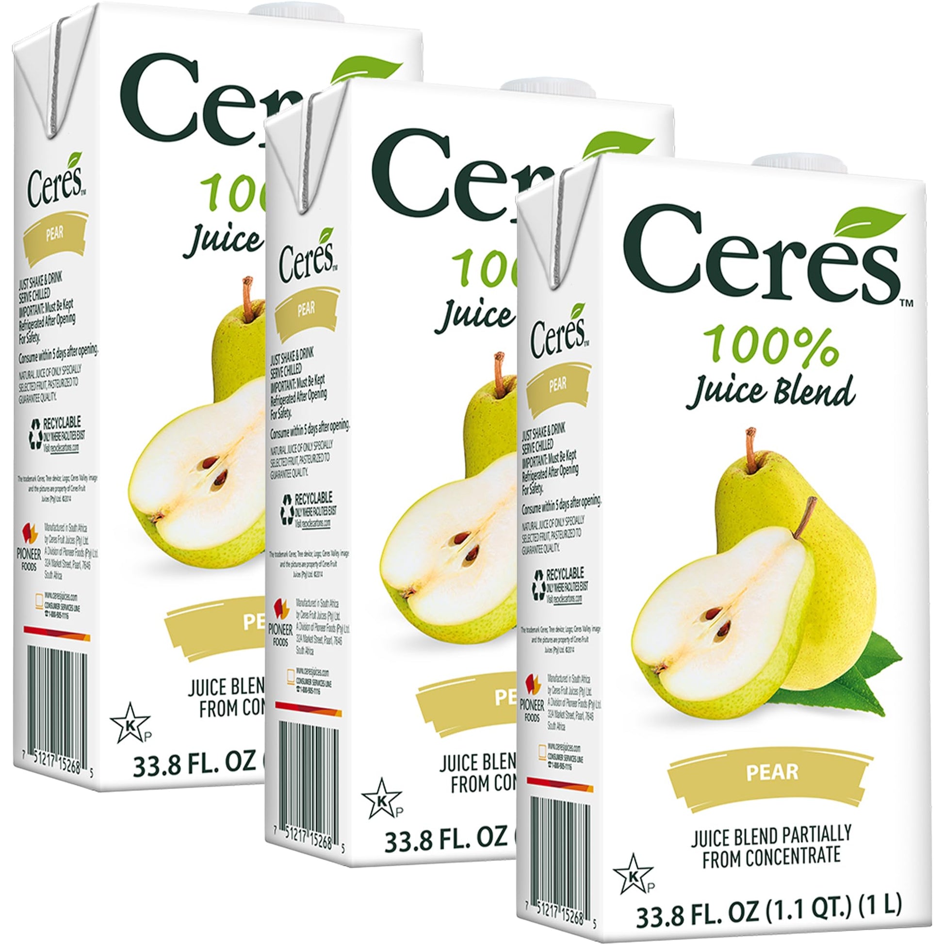 Ceres Pear Juice Blend  3-Pack - - 100% Natural  Rich in Vitamin C  No Added Sugar  Artificial Colors  or Flavors  Kosher Certified  33.8 Oz Ea (1 Liter)