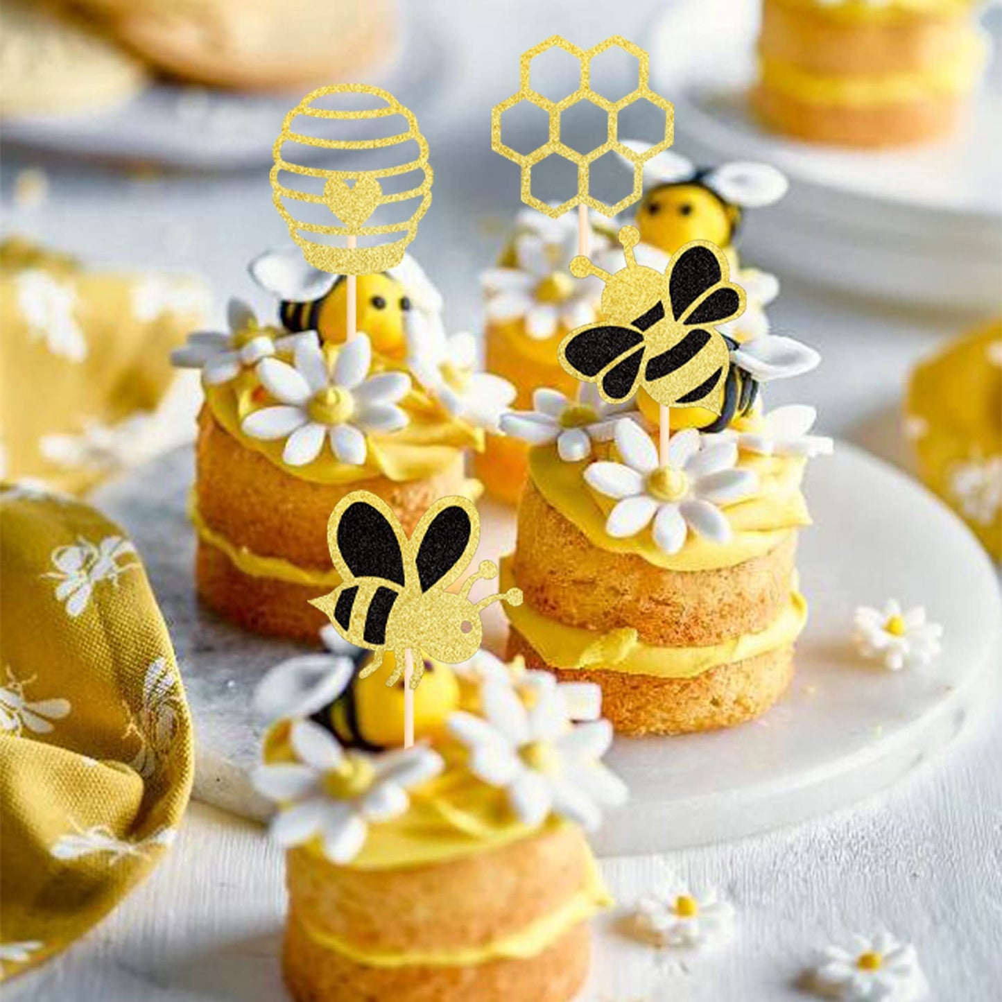 36 Pcs Bumble Bee Cupcake Toppers Glitter Bee Gender Reveal Honeycomb Cupcake Picks Baby Shower Birthday Party Cake Decorations