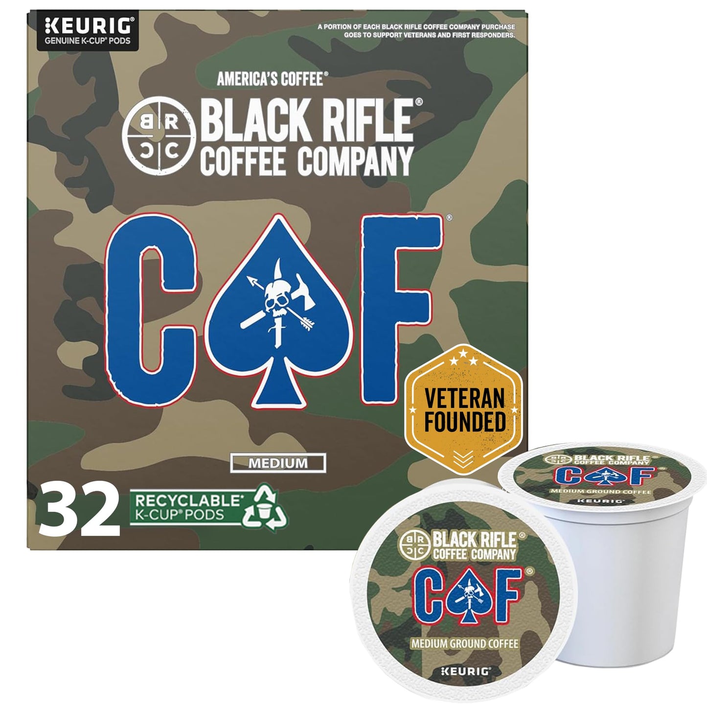 Black Rifle Coffee CAF Medium Roast Coffee Pods, 2x Caffeine, 32 Count, 100% Columbian Excelso Beans