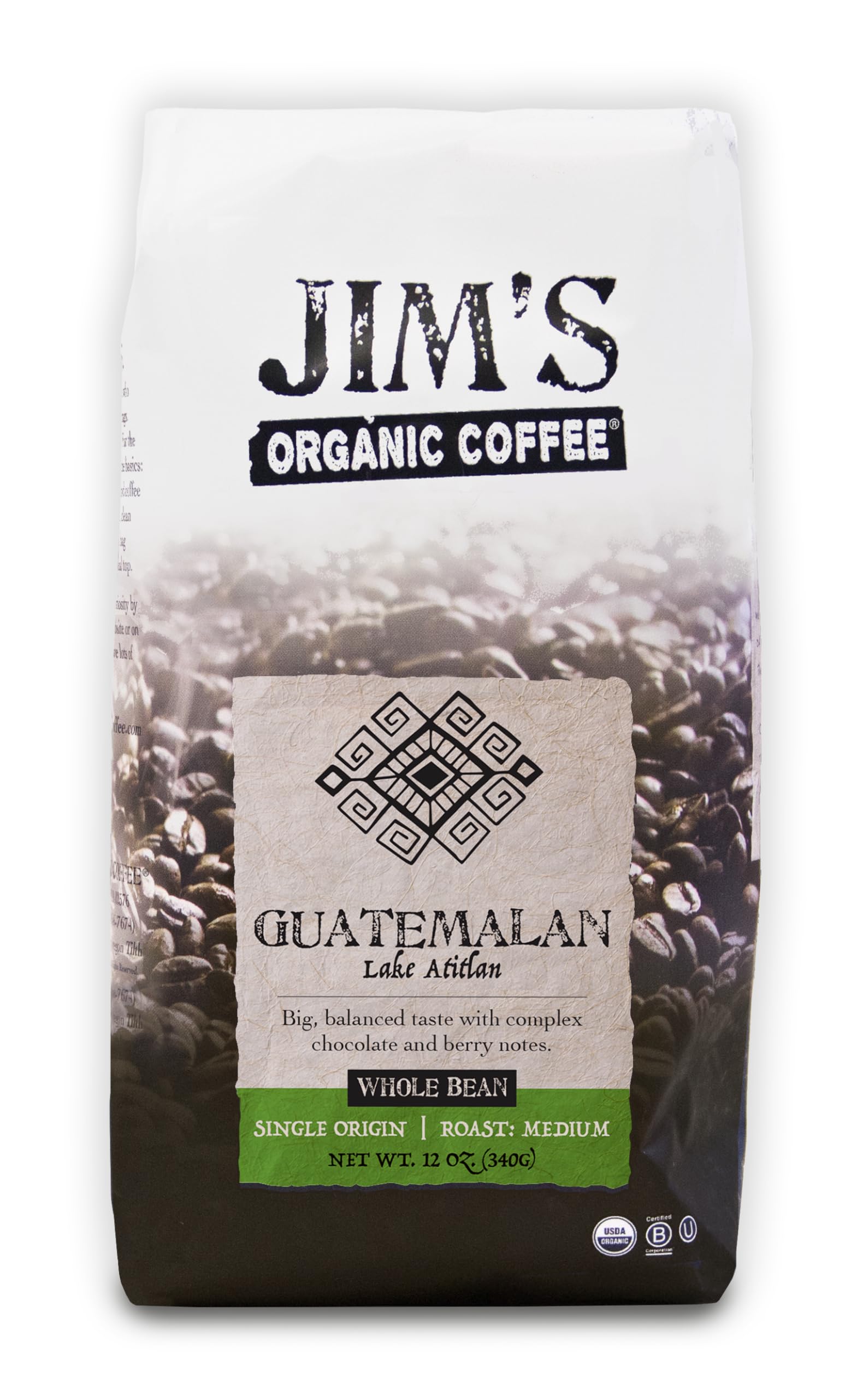 Jims Organic Coffee Guatemalan Lake Atitlan Whole Bean Medium Roast 12 oz Bag