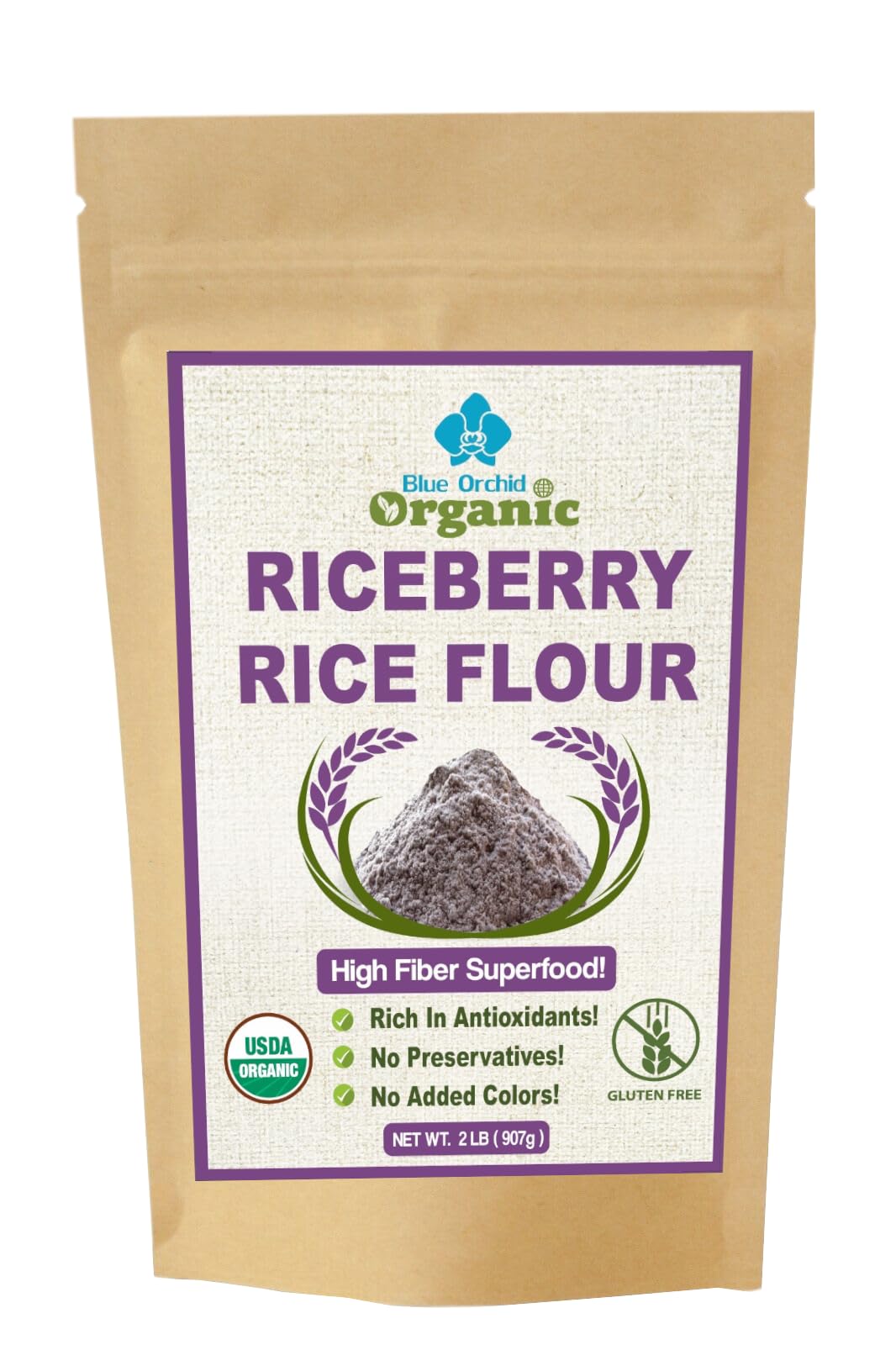 Organic Riceberry Flour - Superfine Gluten Free For Baking - 100% Whole Grain Thai Rice Flour - 2 Lb