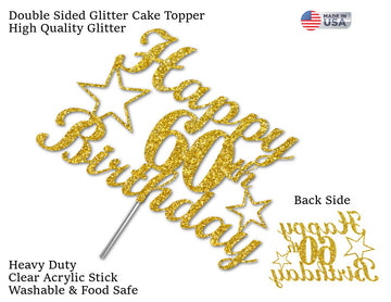60 Birthday Cake Topper Gold Glitter, Party Decoration Ideas, Premium Quality, Sturdy Doubled Sided Glitter, Acrylic Stick. Made