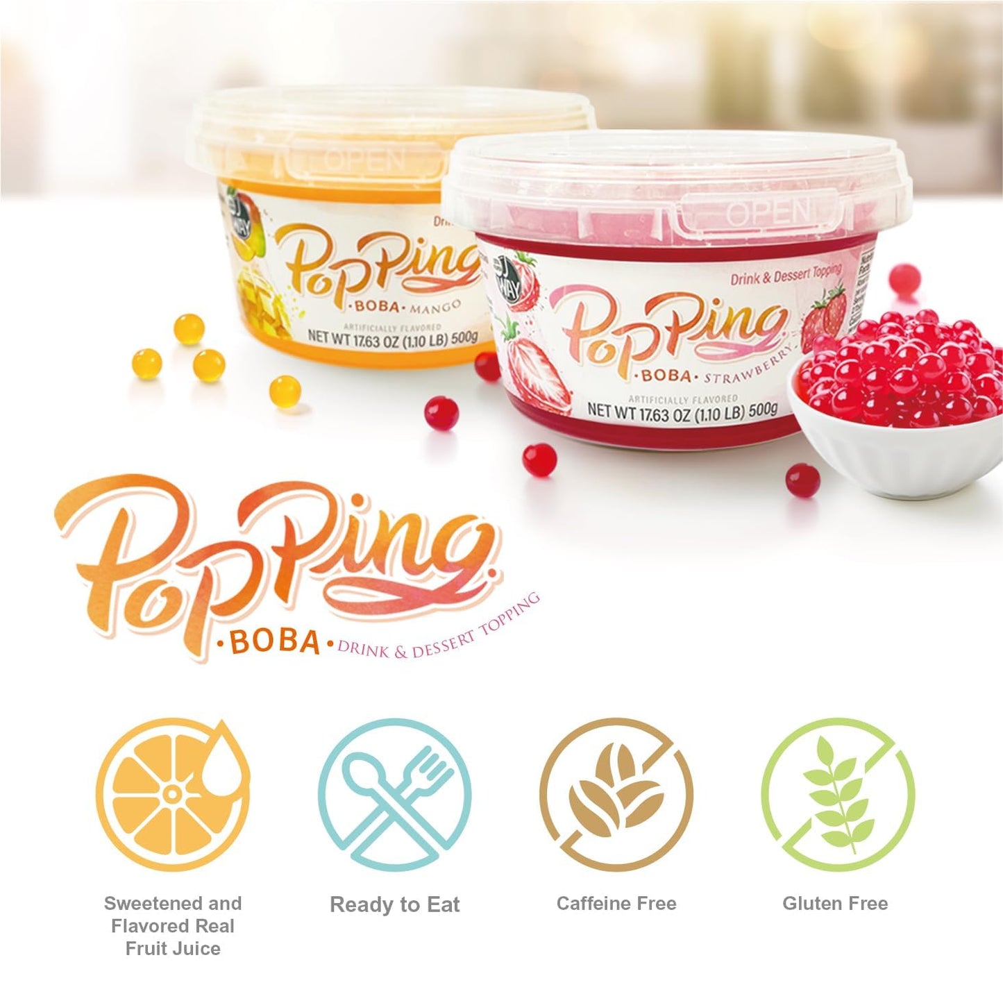 J Way Bursting Popping Boba Bubble Pearl Variety Set With 3 Flavors Strawberry, Mango, Passion Fruit - Gift Box (3.3 Lbs)