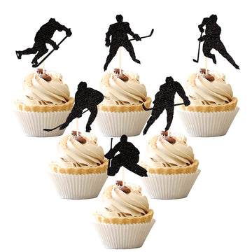 24 Pcs Hockey Cupcake Toppers Black Glitter Hockey Players Cupcake Picks Ice Hockey Sports Theme Baby Shower Boys Girls Birthday