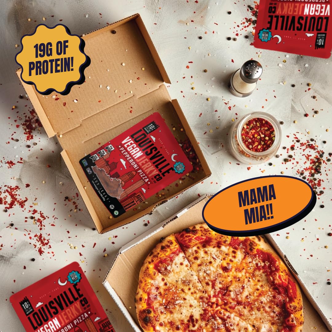 Louisville Vegan Jerky Pepperoni Pizza - Gluten-Free High Protein Snacks - 3 oz, 5 Pack, Orange