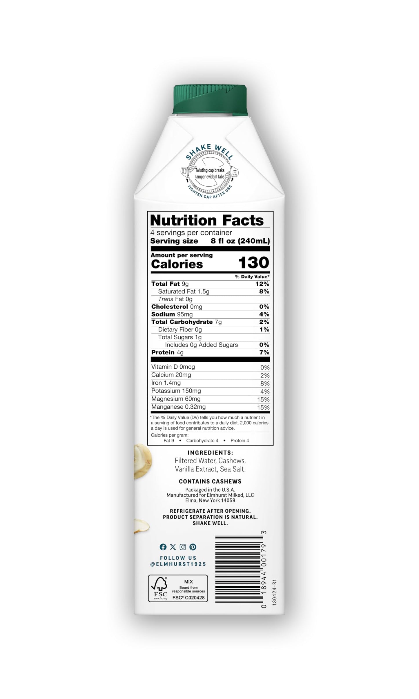 Elmhurst 1925 Vanilla Cashew Milk Unsweetened - 32 Ounce (Pack of 6) Dairy-Free, Vegan, Kosher, Shelf Stable Milk Made with Vani