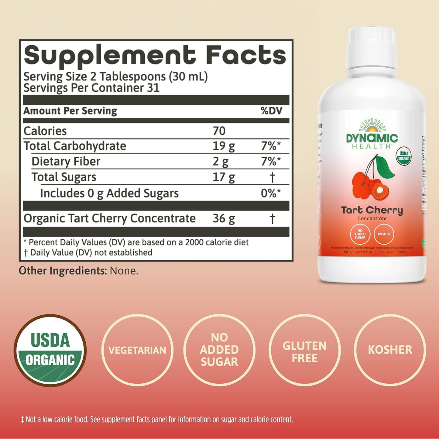 Dynamic Health Organic Tart Cherry Juice, Unsweetened 100% Juice Concentrate, Antioxidants Nutrition Product, No Sweeteners Or Additives, Vegan, Gluten Free, Bpa Free (32Oz)