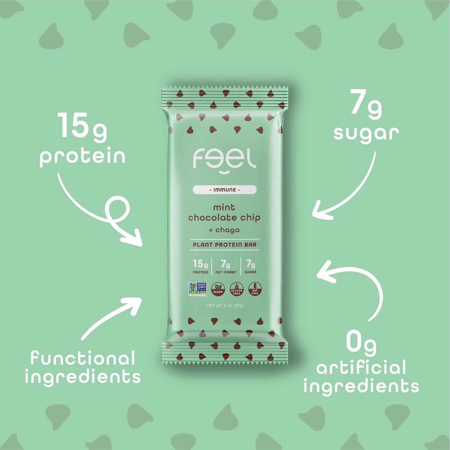 Feel Vegan Protein Bars | Mint Chocolate Chip | Keto | Gluten Free | Organic | Chaga Mushroom | 15G Plant Protein | Low Carb | High Protein | Dairy Free | Low Sugar | Grain Free | Nut Free | Soy Free