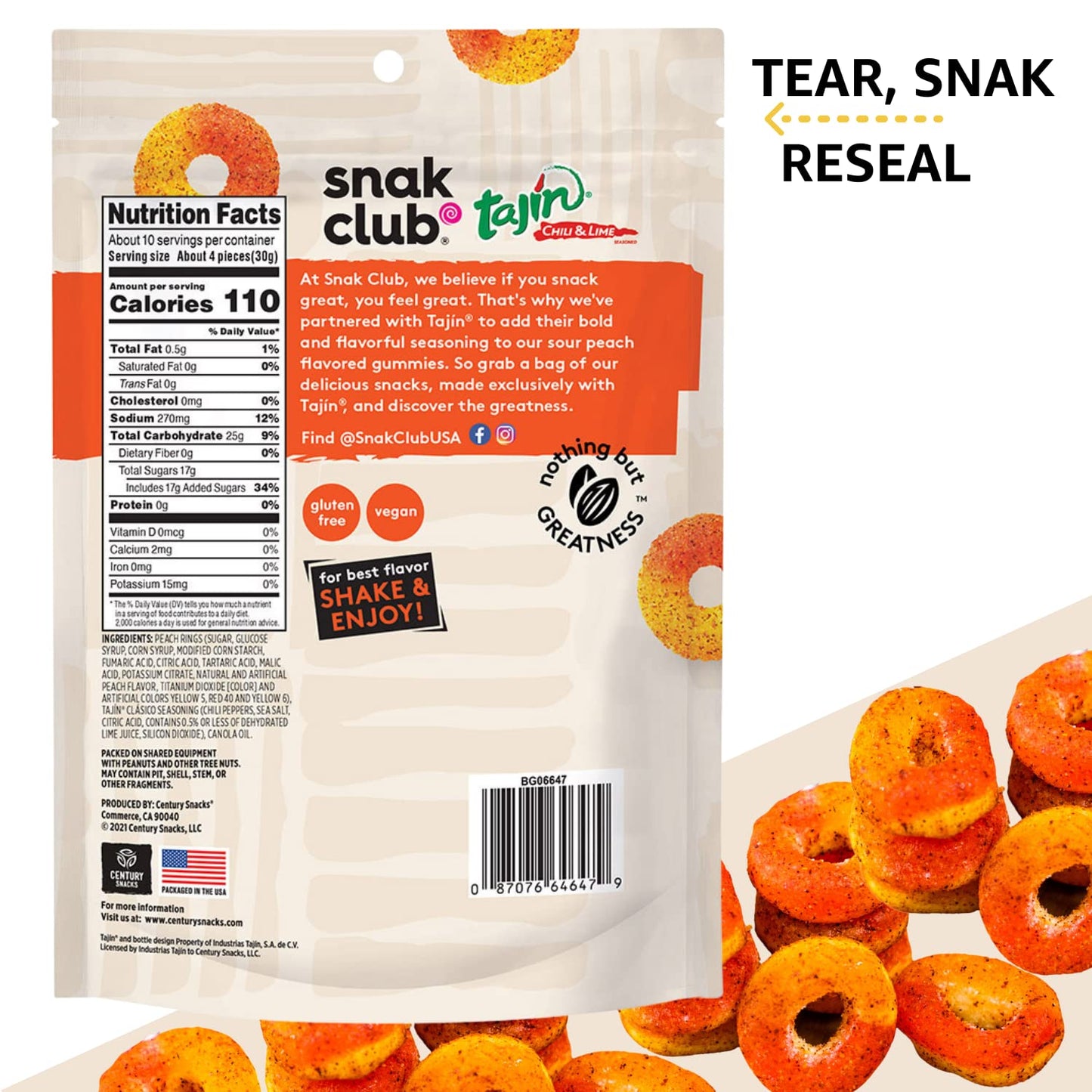 Snak Club Tajin Peach Rings, Sweet And Spicy Gummy Snacks, 11 Ounce (Pack Of 6)