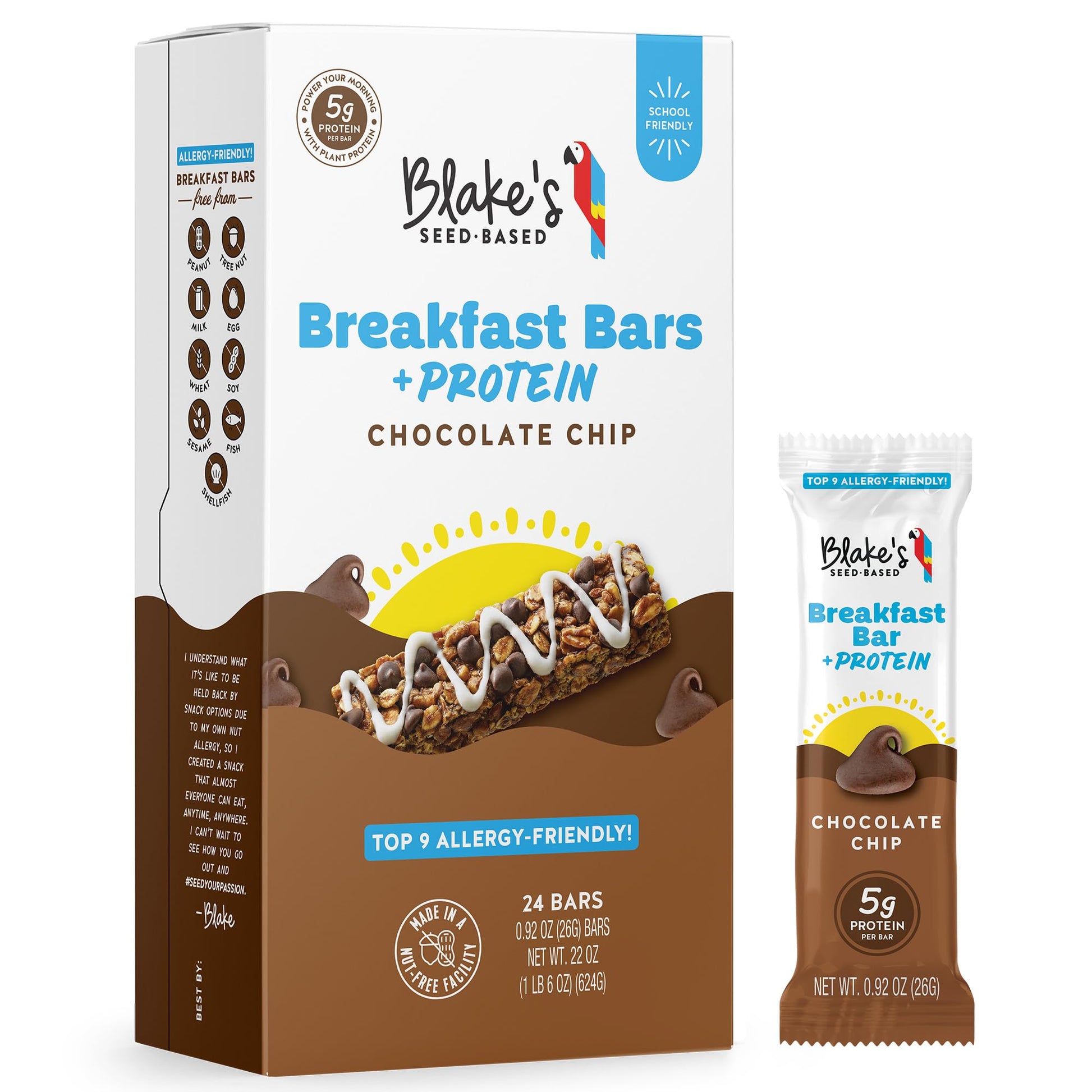 Blake'S Seed Based Breakfast Bars With Protein - Chocolate Chip (24 Count), 5G Clean Plant-Based Protein, Gluten Free, Nut Free,