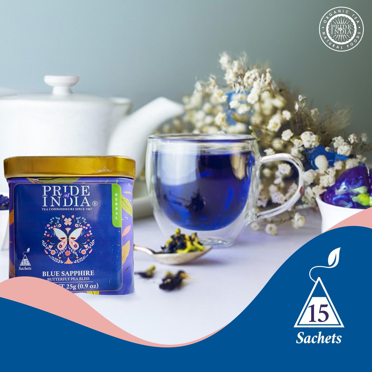 Pride Of India | Blue Sapphire: Butterfly Pea Flower Tea 1 Oz (28.3 Gm) | 100% Pure Butterfly Pea Flower | Mild, Earthy Flavor & Subtle Floral Flavor | Enhanced Pyramid Nylon Tea Bags
