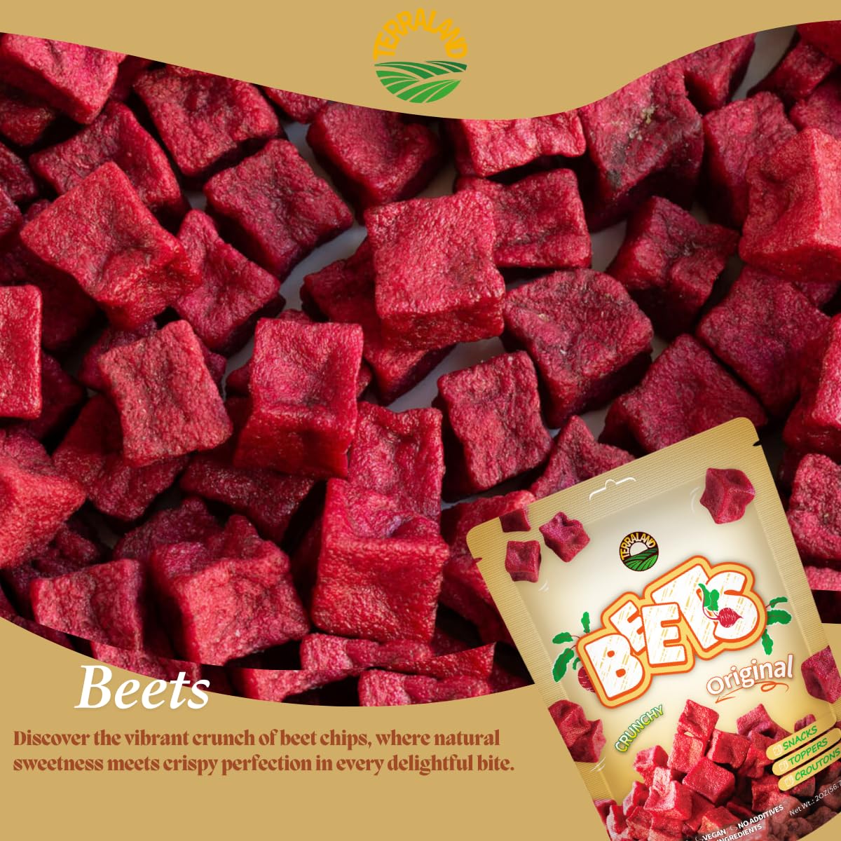 Terraland Beets Crispy Cubes-Original, Crispy & Crunch, Vegan, Idea For Snacking Or Pairing With Salad And Cereal 2Oz Bag - Pack